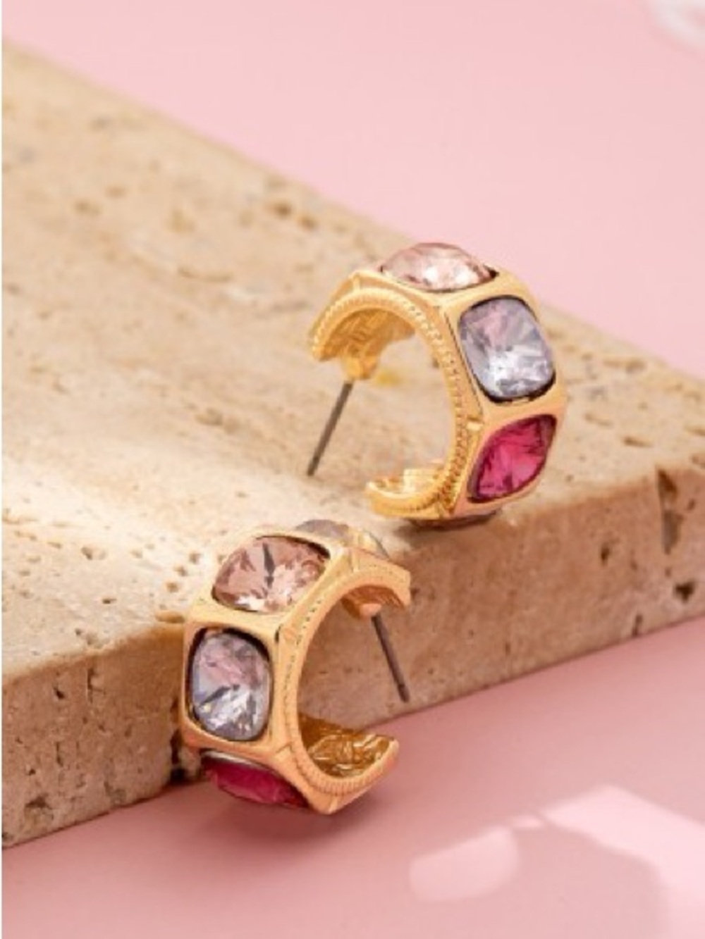 Gold-tone Multi Color Gem Crystal Hoop Earrings